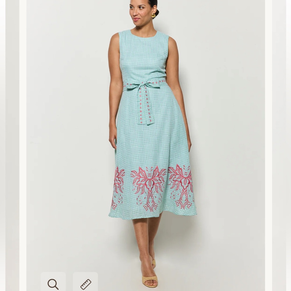 Fanm Mon Libya Dress Midi Floral Embroidered Green Checker Plaid Small NWT NEW